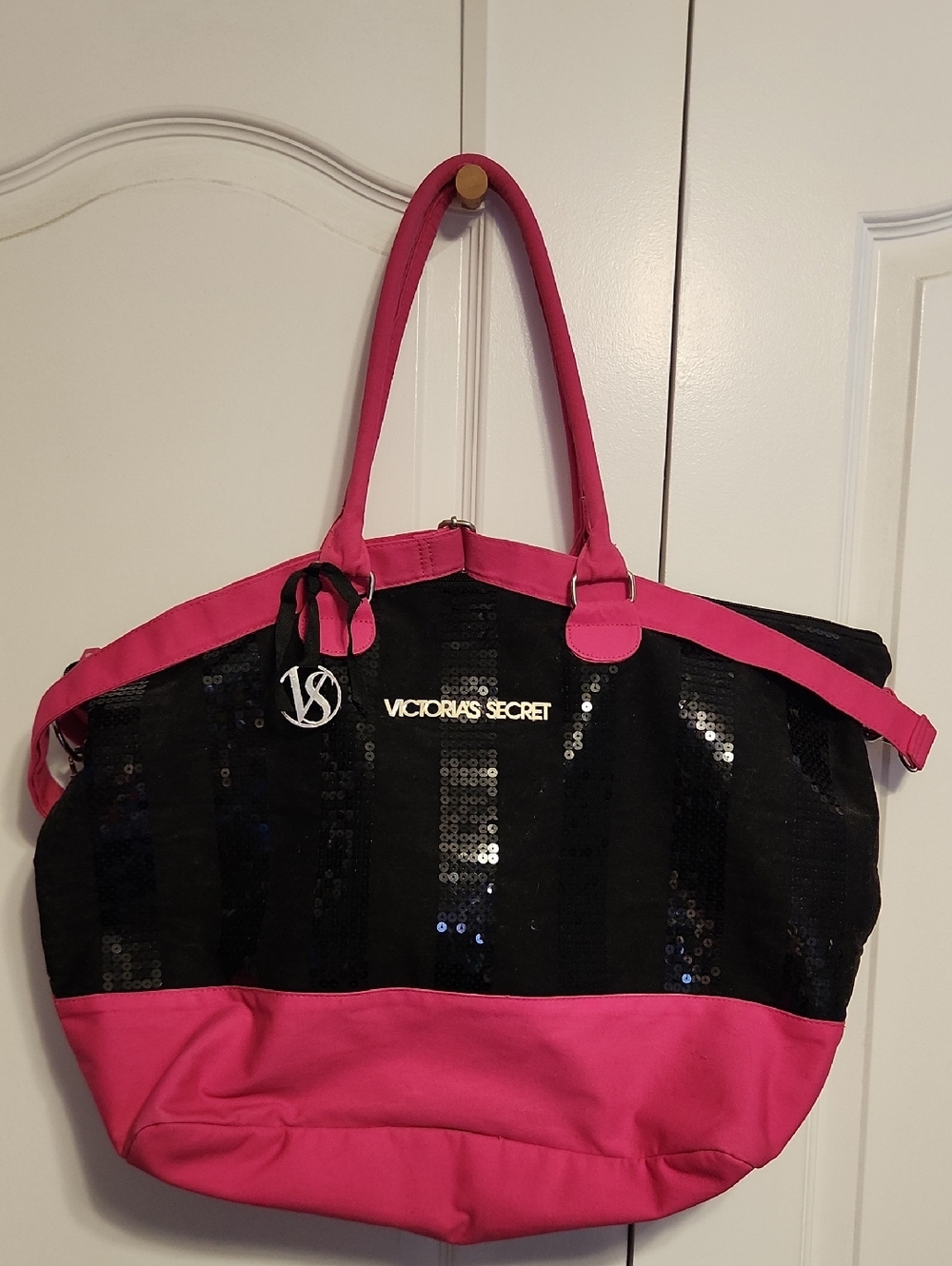 Victoria's Secret Black Sequin Tote with Hot Pink Trim